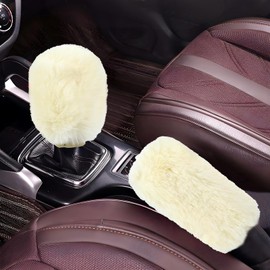 Hovom 2PCS Fluffy Car Gear Shift Knob Cover & Handbrake Cover, Soft Plush Hand Brake Handle & Gear Shift Cover for Women Girls, Universal Comfortable Warm Furry Car Accessories (Beige)