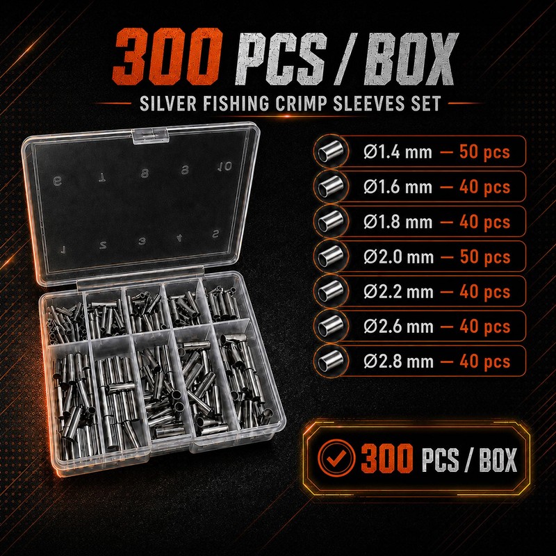 Fishing Crimp Sleeves 300pcs Silver 7 Sizes Leader Wire Crimp