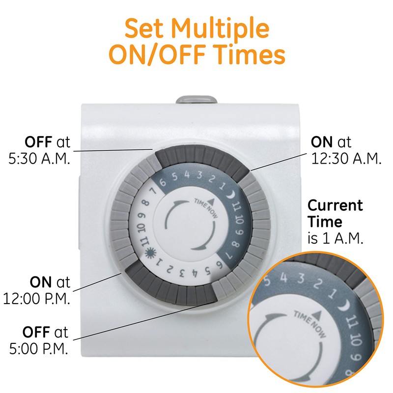 GE Mechanical Grounded Outlet Timer, Dual Plugs with 3 Prongs,