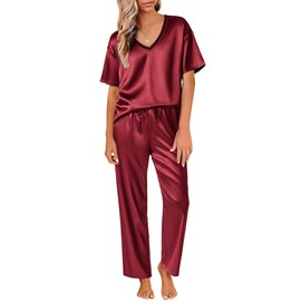 Ekouaer Satin Pajama Set for Women Short Sleeve Silky Pjs 2 Piece Lounge Sets Soft Comfy Sleepwear Loungewear Wine Red S
