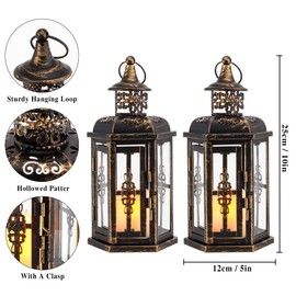 JHY DESIGN Decorative Candle Lanterns Set of 2 10" H Vintage Hanging Lanterns Metal Candleholders for Indoor Outdoor Home Parities and Weddings (Black with Gold Brush)
