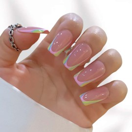 French Medium Press on Nails Nude Glossy Fake Nails Full Cover Finger Tip with Color Lines Designs Acrylic Nails Glue on Nails Reusable Artificial Stick on Nails for Women 24 Pcs