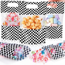 Fuutreo 50 Pcs Racing Car Bags Racing Clear Sealing Pouches with Handles Resealable Black and White Checkered Flags Plastic Bag for Race Theme Birthday Party Candy Gift Wrap Supplies Decor (Car)