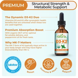 Why Not Natural Organic Vitamin D3 K2 (MK-7) Liquid Drops, 5000 IU of sublingual D3 with Coconut MCT Oil, for Strong Bones and Teeth, Heart and Immune Support