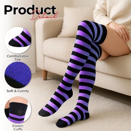 Crazy Chick® Stripe Over The Knee Socks Thigh High Girls Stretchy OTK Socks Fancy Dress (Black & Purple)