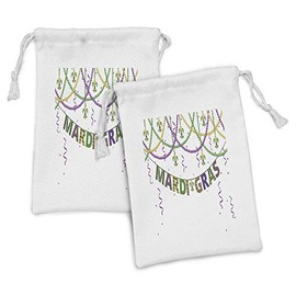 Ambesonne Mardi Gras Fabric Pouch Set of 2, Design with Fleur De Lis Hanging from Colorful Beads, Small Drawstring Bag for Toiletries Masks and Favors, 9" x 6", Purple Green Yellow