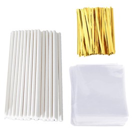 Lollipop Stick(6 inch), Candy Wrappers and Twist Ties Set, Including 100 Papery Lollipop Sticks(6 inch), 200 Lollipop Bags and 200 Twist Ties (500Pcs)