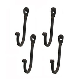 Early American Single Prong Wrought Iron Hooks, Set of 4 - Rustic Curved Metal Fasteners - Decorative Colonial Wall Décor