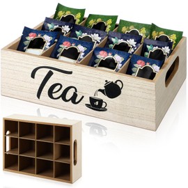 GlikCeil Bamboo Tea Bag Organizer with 12 Compartments, Wooden Tea Organizer for Tea Bags, Reusable Wooden Tea Box with Handles for Coffee Station, Cabinet, Pantry, Countertop, Office, Kitchen