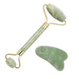 Jade, rodillo de jade natural y juego de gua sha, rodillo de piedra facial jade para arrugas, rodillo de jade auténtico con 2 piezas de herramientas de masaje para raspar de cara, cuello, mejillas, masaje de piel