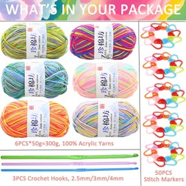 Crochet Yarn Knitting Wool (6X50g, 4-Ply), Multicoloured Acrylic Yarn Crochet Wool, Aluminum Crochet Hooks Stitch Markers,Ombre Yarn for DIY Craft Blankets Socks Dolls (6 Mixed Color)
