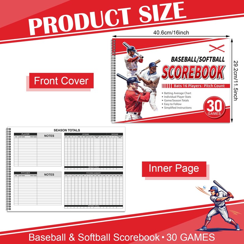 Chiisong 2 Pcs Side by Side Baseball Scorebook 11.5x16 30