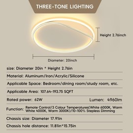 AOMEI White Full Spectrum Modern Minimalist Living Room Ceiling Light,Ultra-Thin Acrylic Square LED Light with Remote, Bedroom, Dining Room (Round, 20 Inch)