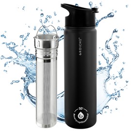 GROSCHE Chicago Stainless Steel Tea Infuser Flask | Beverage Bottle | Hot & Cold Drinks | Loose Leaf Tea Infuser | Travel Convenience Water Bottle | 22 fl oz, Black