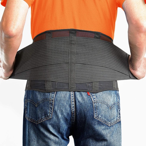 OMAX Lumbar Back Brace Immediate Lower Back Pain Relief, Dual Adjustable Support Belt for Men/Women for Work, Breathable Mesh Waist Brace for Herniated Disc, Sciatica, Black, Large 39"-43"