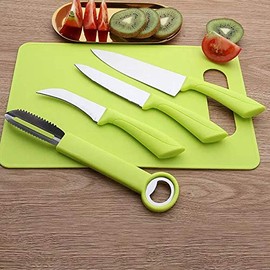 5 Piece Kitchen Knife Set Sharp Stainless Steel Blade, Utility Knife Peeler Paring Vegetable Potato Corer and Peeling with Cutting Board Green & Pink (Green)