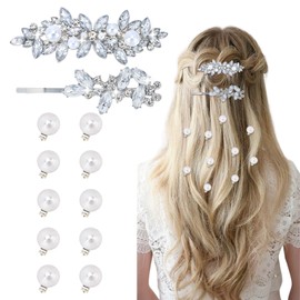 12 Pieces Rhinestone Hair Clips, Crystal Leaf Bobby Pins with 10 Mini Pearl Hair Clips Hair Barrettes for Brides Bridesmaids Flower Girls
