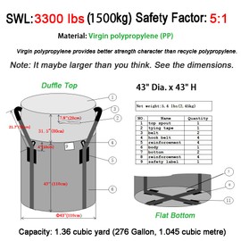 Secbolt FIBC Bulk Bag, Anti-UV 3 Years, 3300lbs 1.5 ton SWL @ Safty Factor 5:1, 43" Dia. x 43" H Tubular Bag, Duffle Top, Flat Bottom, Woven Polypropylene PP Bags, 1 One Ton Bag