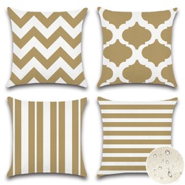 Artscope Set of 4 Waterproof Striped Cushion Covers 45x45cm Farmhouse Geometric Square Pillow Cases for Couch Patio Furniture Balcony Garden Outdoor Decoration（Geometry70-Khaki）
