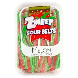 Zweet Sour Melon Candy Belts 10 Ounce – Sour Kosher Candy, Halal Candy Belts – Resealable Pack of Sour Licorice Belts, Red and Green Candy