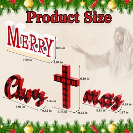 Amyhill Merry Christ Mas Wooden Table Sign Christian Jesus Christmas Red Nativity Cross Religious Gifts Buffalo Plaid Tabletop Decor Faith Blessed Cross Art Centerpieces for Church Home Room Decor