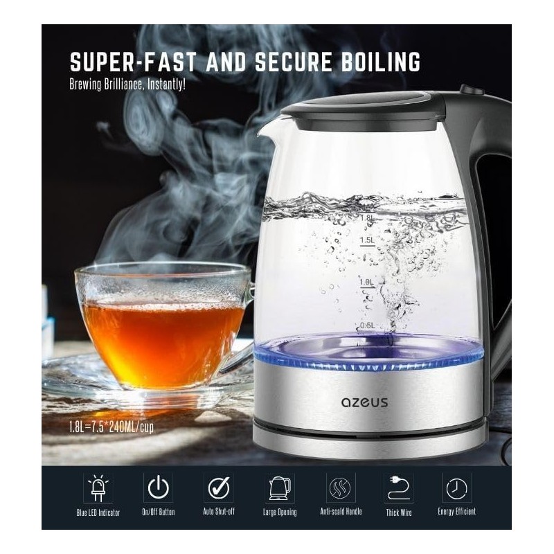 AZEUS Glass Electric Kettle - 1.8L Fast Boiling Auto-Shutoff &