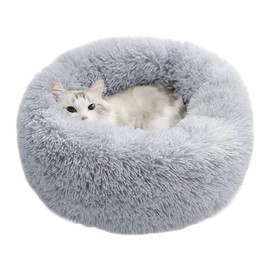Epochtech Bed for Cats and Dogs, Fluffy, Round Shape, Warm, Pet Cushion, Non-Slip, Cold Protection, Washable, For Puppies and Cats, Available in Different Sizes and Colors, 19.7 inches (50 cm), Light Gray, Removable