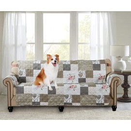 Brilliant Sunshine Rose and Toile Patchwork Couch Cover, Quilted Large Sofa Slipcover, 70" Seat Width, Slip Resistant Furniture Protector, 2" Strap, Washable Couch Cover for Pets, Kids, Dogs,Rose Grey