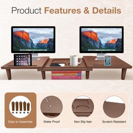Dual Monitor Stand Riser - Solid Wood 3 Panels Laptop Riser with Storage for Phone/Mug - Home/Office Desk Organizer with Adjustable Length & Angle - Modern Computer Stand for PC, Laptop, & more (Brown)