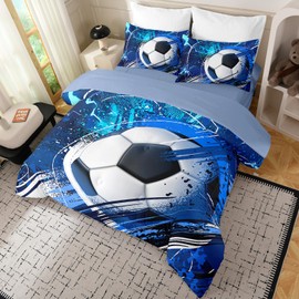 Dearller Soccer Comforter Set for Boys, 5Pcs Blue Cool Soccer Bedding Set Twin, Sports Themed All Season Quilt for Kids Teen Bedroom