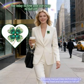 FANBODTA Four-Leaf Clover Brooch Pin, Green Crystal Rhinestone, Gold Alloy with Thick Electroplating, Lucky Shamrock, Versatile Fashion Lapel Pin for Women