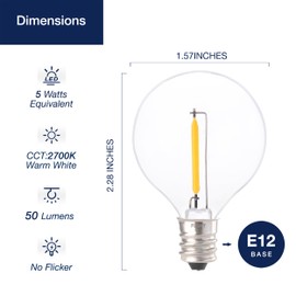 FLSNT - Bombillas LED de repuesto para luces de cadena para exteriores, G40 Globo LED de candelabro, 2700 K, blanco suave, 1 W (equivalente a 5 W), 50 lúmenes, base E12, no regulable, paquete de 50