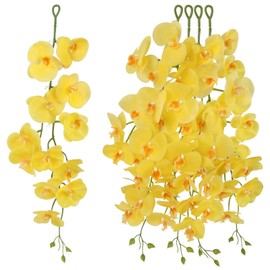 4PCS Hanging Orchids Artificial Flowers Real Touch Faux Yellow Flowers Fake Phalaenopsis Orchids Plants for Wedding Party Wall Garden Outdoor Home Decor (Yellow)