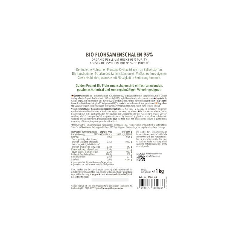 GOLDEN PEANUT Psyllium Husks Organic 1 kg 95% Purity, India,