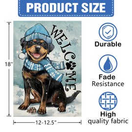 Dyrenson Welcome Winter Rottweiler Dog Decorative Garden Flag, Pet Snowflake Yard Outside Home Decorations Dog Lover Gifts, Christmas Seasonal Burlap Outdoor Small Decor Double Sided 12 x 18