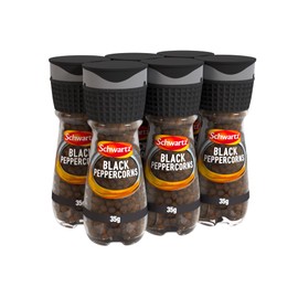 Schwartz Black Peppercorn 35 G | Jar with Grinder | Pack of 6 | Hot, Zesty, and Biting Taste | Distinctive Aroma | Versatile Spice | Perfect for Burgers, Marinades, Sauces, Steaks and Kebabs