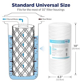 Membrane Solutions 5 Micron 10""x4.5"" String Wound Whole House Water Filter Replacement Cartridge Universal Sediment Filters for Well Water - 4 Pack, WPP-F10B-5