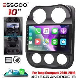 ESSGOO Carplay Android 13 4+64G Car Stereo Radio GPS NAV BT For Jeep Compass 2010-2016