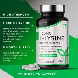 L-Lysine 1100mg High Strength - 240 Vegan & Gluten Free Tablets (8 Month Supply) - Cold Sore Treatment, Essential Amino Acid Supplement - Normal Growth and Muscle Turnover - Made in The UK - Nutravita