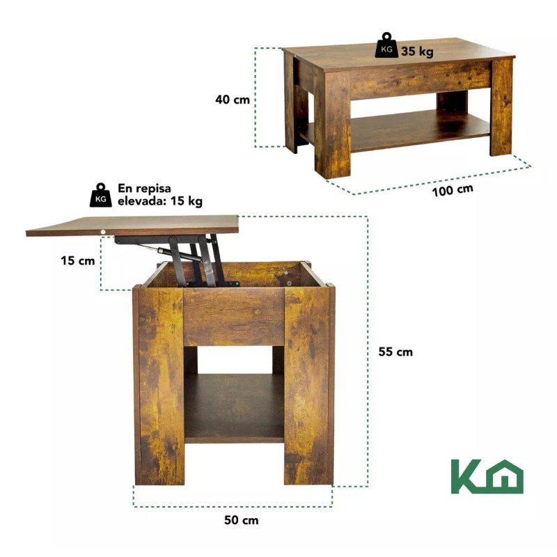 Kingshouse Mesa De Centro Elevable De Madera Con Compartimento Oculto