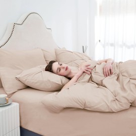 Ubauba 7pc Beige Queen Comforter Set with Sheets, 7 Piece Pintuck Bed in a Bag Ivory with Comforter and Sheets, Off White Bedding Comforters & Sets (Cream, Queen Size)