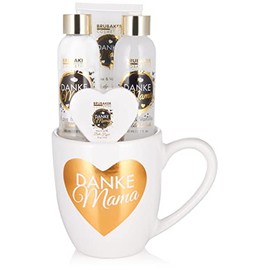 BRUBAKER Cosmetics - Danke Mama - 5-teiliges Dusch- und Badeset mit Rosen Vanille Duft - Mutter Geschenkset in Kaffeetasse mit Herz Dekor - Wei√ü Gold