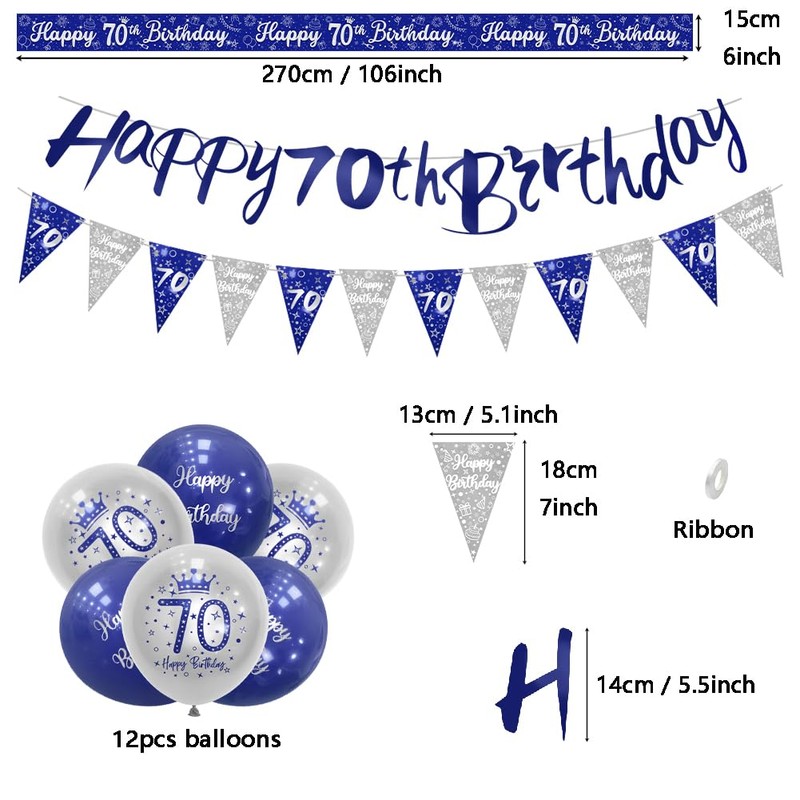 Mens 70th Birthday Decorations - Blue, Silver & Navy Happy