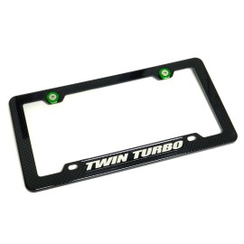 Unbranded TWIN TURBO CARBON FIBER LOOK LICENSE PLATE FRAME W/ 2 GREEN WASHERS & BOLTS