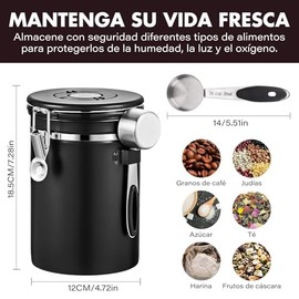 Tarro de Café en Grano,1.8 L con Válvula de Ventilación Unidireccional, Tarro Hermético de Comida de té de Frijol con Cuchara de Acero y rastreador...
