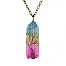 Abitoncc Natural Irregular 7 Chakra Gemstone Tree of Life Copper Wire Wrapped Quartz Healing Crystal Pendant Classic Necklace