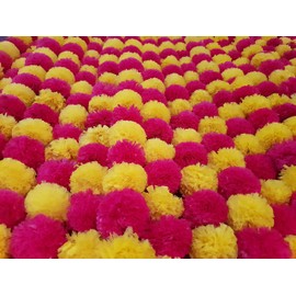 5 Pc Marigold Garland 5 Ft Long Strands of Artificial Marigold Flowers Diwali Decorations Home Indian Décor for Pooja Wedding Spring Bush Floral Faux Garland Día de Muertos Décor (Magenta+Yellow)