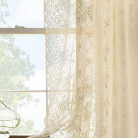 Kotile Beige Lace Curtains 54 Inch Length 2 Panels Set Country Vine Floral Scalloped Edges Vintage Sheer Lace Curtains for Bedroom, Rod Pocket Privacy Farmhouse Window Lace Curtain, 52 x 54 Inch