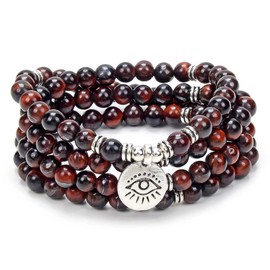 108 Mala Prayer Beads Bracelet Necklace Protection Yoga Meditation Jewellery with the Evil Eye Charm Yoga Symbol (Red Tiger Eye)