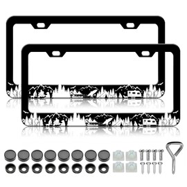 Camping License Plate Frames - 2 Pack Mountains Adventure Funny License Plate Holder,Stainless Steel Rust-Proof Waterproof Car Decorative Tag Frame with Screws Fasteners Caps